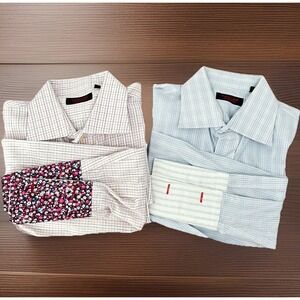 Takumi Japan Dress Shirt Mens L Blue Red Check Floral Contrast Cuff Bundle 2pc